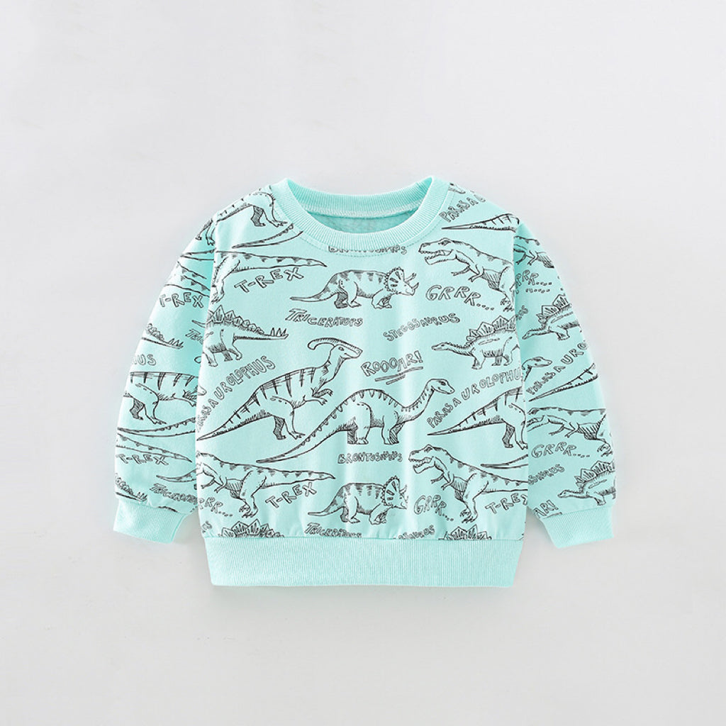 A cozy blue hoodie featuring an all-over dinosaur print, designed for baby boys, perfect for casual wear.