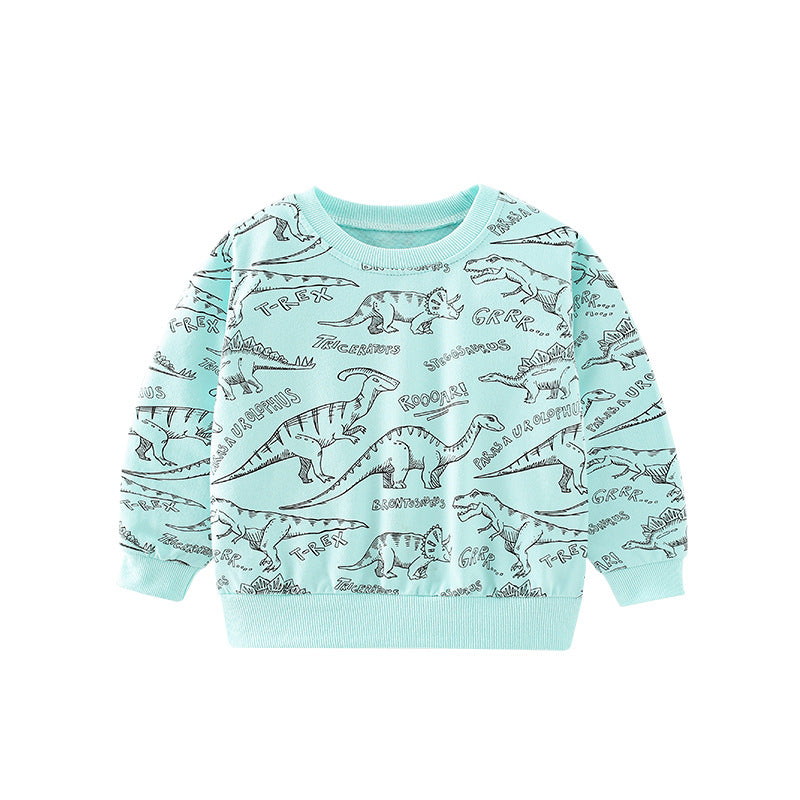 A cozy blue hoodie featuring an all-over dinosaur print, designed for baby boys, perfect for casual wear.