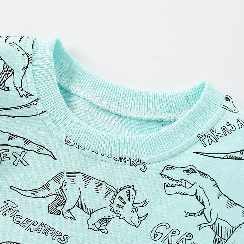 A cozy blue hoodie featuring an all-over dinosaur print, designed for baby boys, perfect for casual wear.