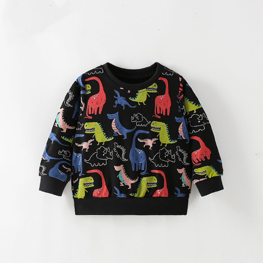 A stylish Baby Boy All Over Dinosaur Print Pattern Western Style Hoodie in black, featuring colorful dinosaur designs, perfect for adventurous toddlers.