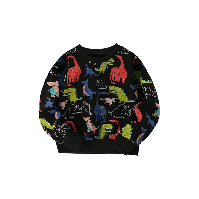 A stylish Baby Boy All Over Dinosaur Print Pattern Western Style Hoodie in black, featuring colorful dinosaur designs, perfect for adventurous toddlers.