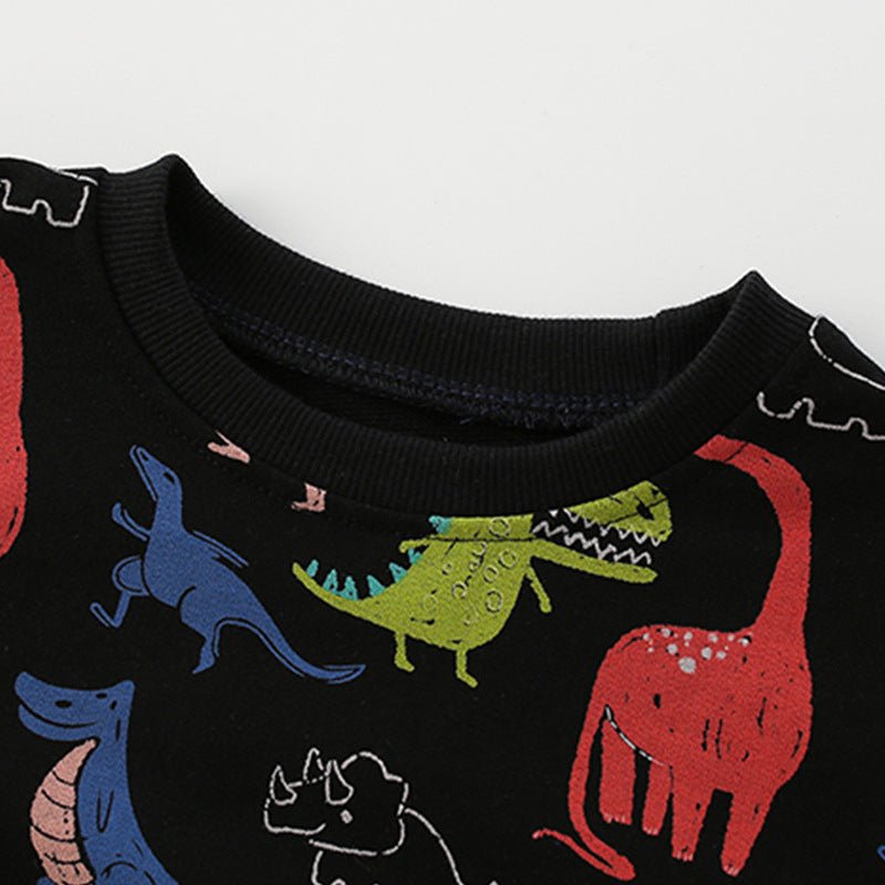 A stylish Baby Boy All Over Dinosaur Print Pattern Western Style Hoodie in black, featuring colorful dinosaur designs, perfect for adventurous toddlers.