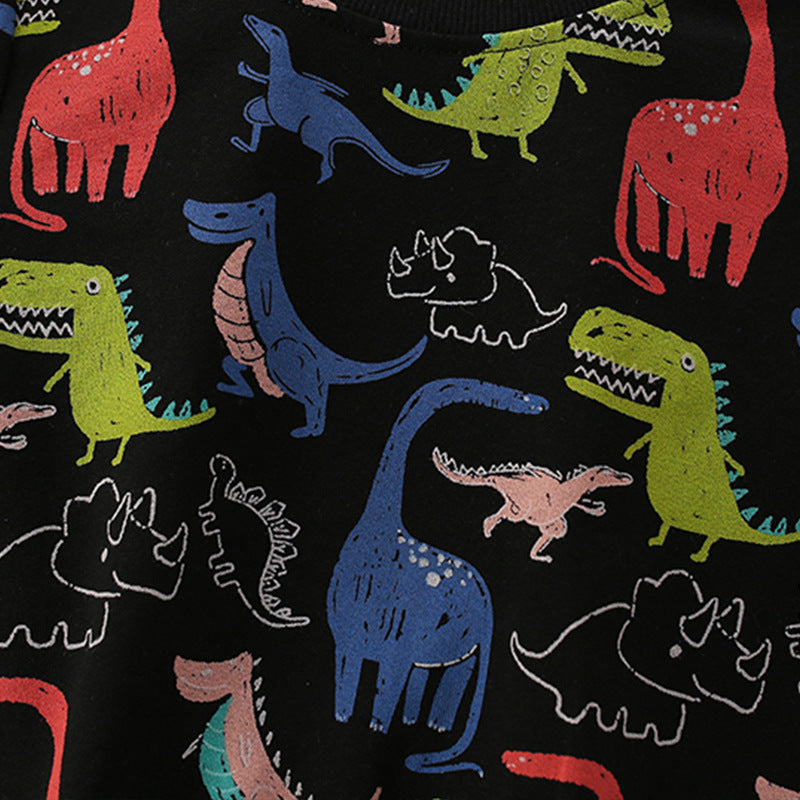 A stylish Baby Boy All Over Dinosaur Print Pattern Western Style Hoodie in black, featuring colorful dinosaur designs, perfect for adventurous toddlers.