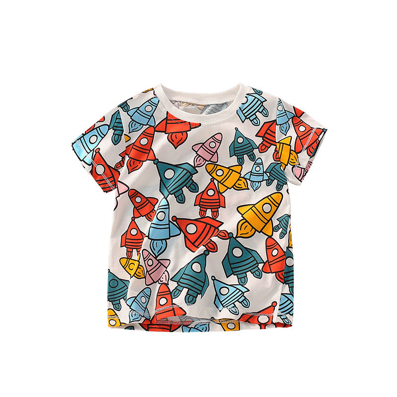 Baby boy's round neck tee featuring an all-over rocket pattern in white cotton fabric, perfect for summer wear.