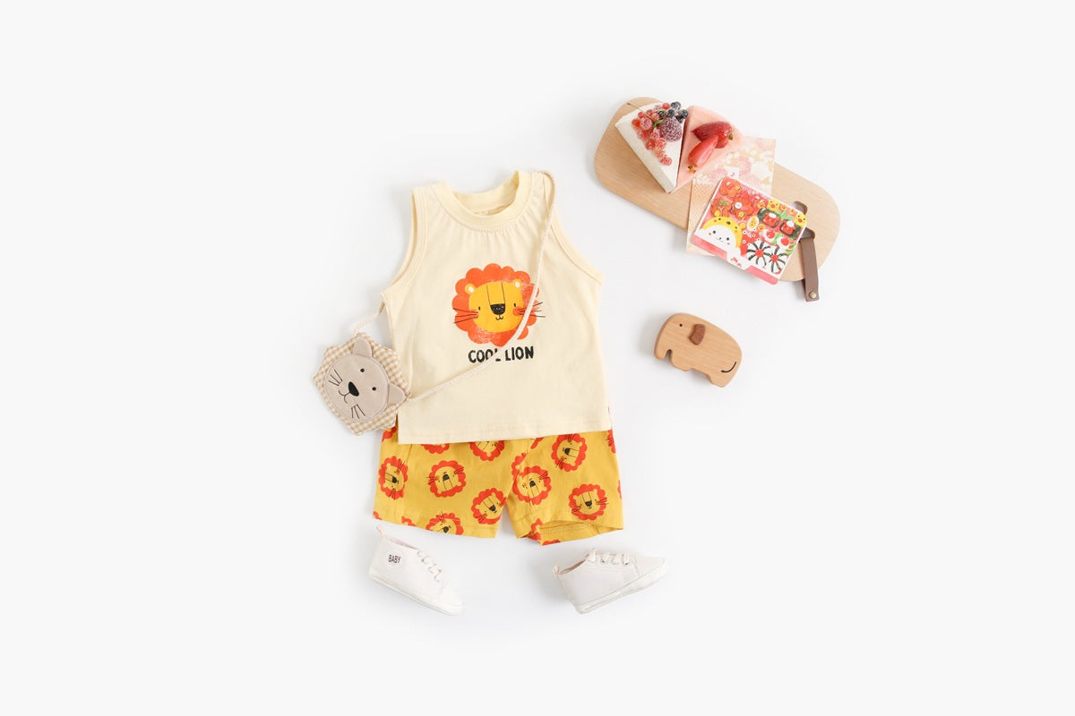 Baby boy and girl sleeveless top combo shorts set featuring a vibrant tiger print design in yellow, perfect for summer wear.