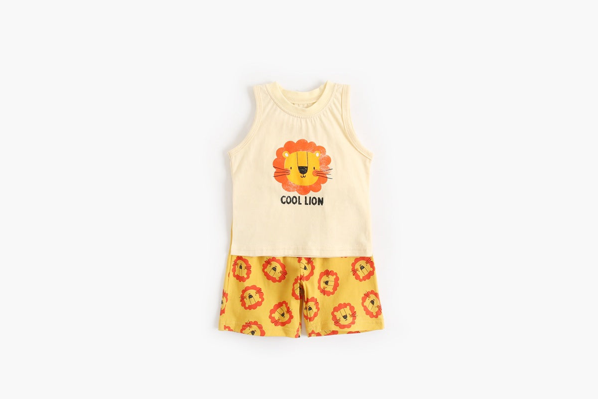 Baby boy and girl sleeveless top combo shorts set featuring a vibrant tiger print design in yellow, perfect for summer wear.