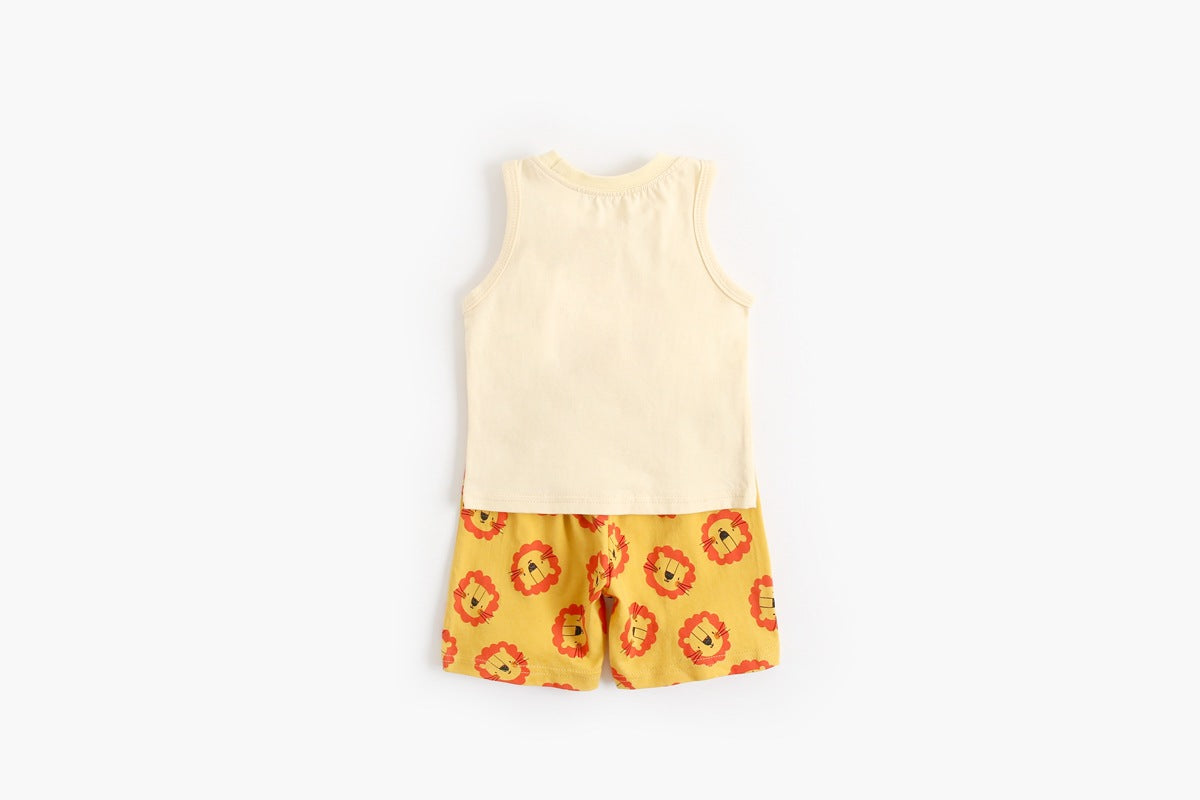 Baby boy and girl sleeveless top combo shorts set featuring a vibrant tiger print design in yellow, perfect for summer wear.