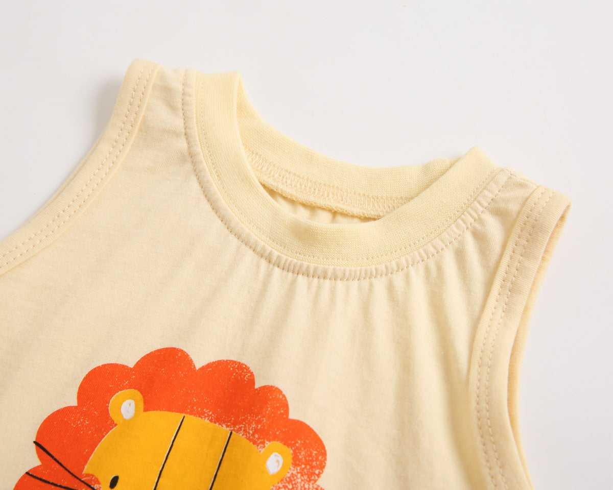 Baby boy and girl sleeveless top combo shorts set featuring a vibrant tiger print design in yellow, perfect for summer wear.