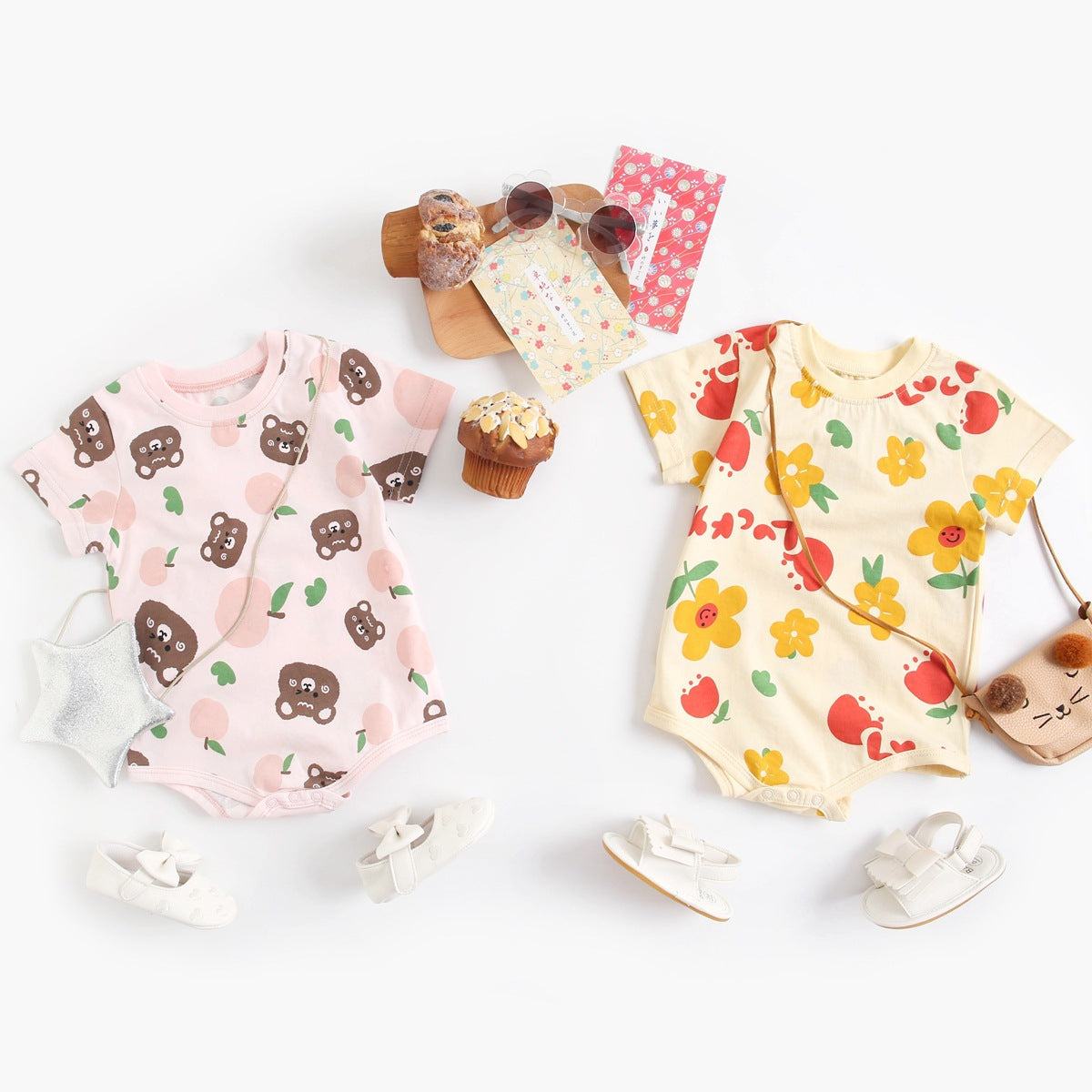 Baby Boy And Girl Cartoon Print Short-Sleeved O-Neck Casual Onesies in pink and beige with animal patterns.