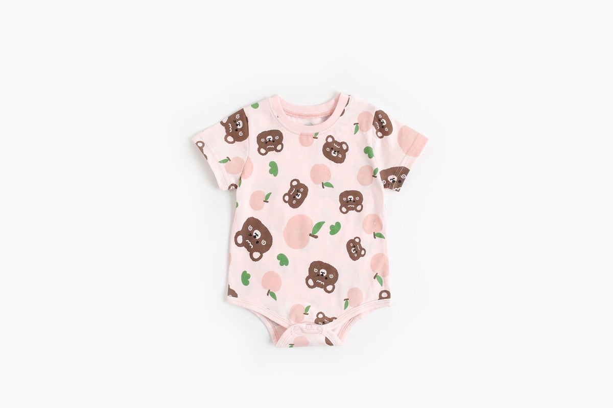 Baby Boy And Girl Cartoon Print Short-Sleeved O-Neck Casual Onesies in pink and beige with animal patterns.