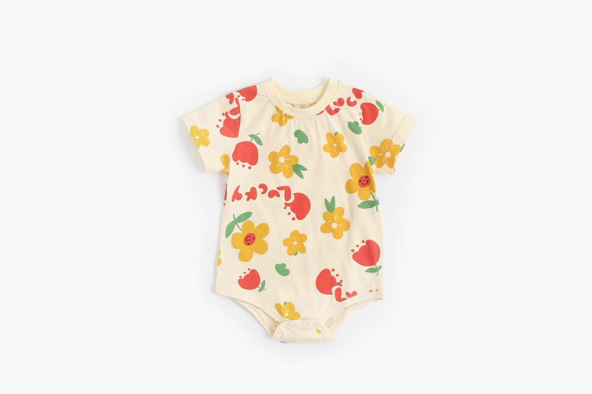 Baby Boy And Girl Cartoon Print Short-Sleeved O-Neck Casual Onesies in pink and beige with animal patterns.