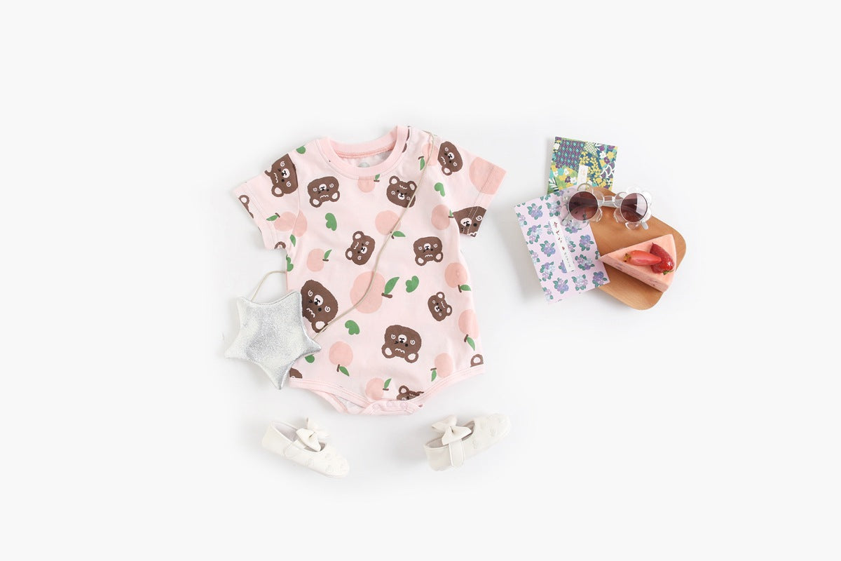 Baby Boy And Girl Cartoon Print Short-Sleeved O-Neck Casual Onesies in pink and beige with animal patterns.