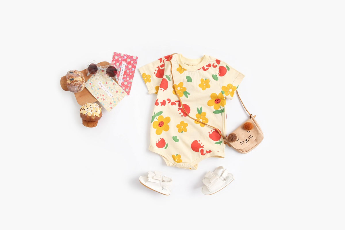 Baby Boy And Girl Cartoon Print Short-Sleeved O-Neck Casual Onesies in pink and beige with animal patterns.