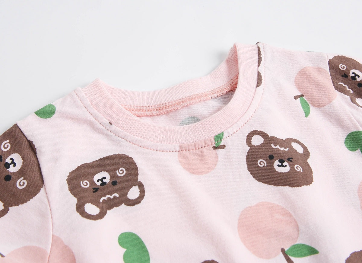 Baby Boy And Girl Cartoon Print Short-Sleeved O-Neck Casual Onesies in pink and beige with animal patterns.