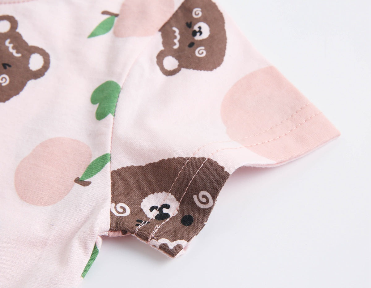 Baby Boy And Girl Cartoon Print Short-Sleeved O-Neck Casual Onesies in pink and beige with animal patterns.