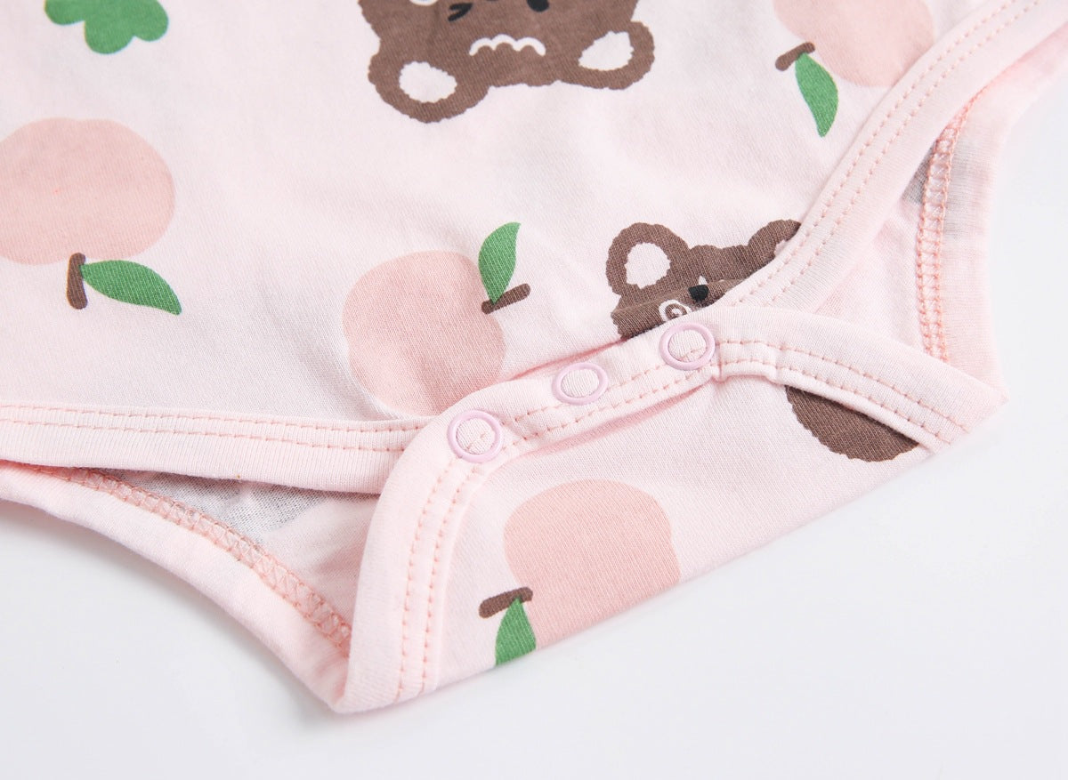 Baby Boy And Girl Cartoon Print Short-Sleeved O-Neck Casual Onesies in pink and beige with animal patterns.