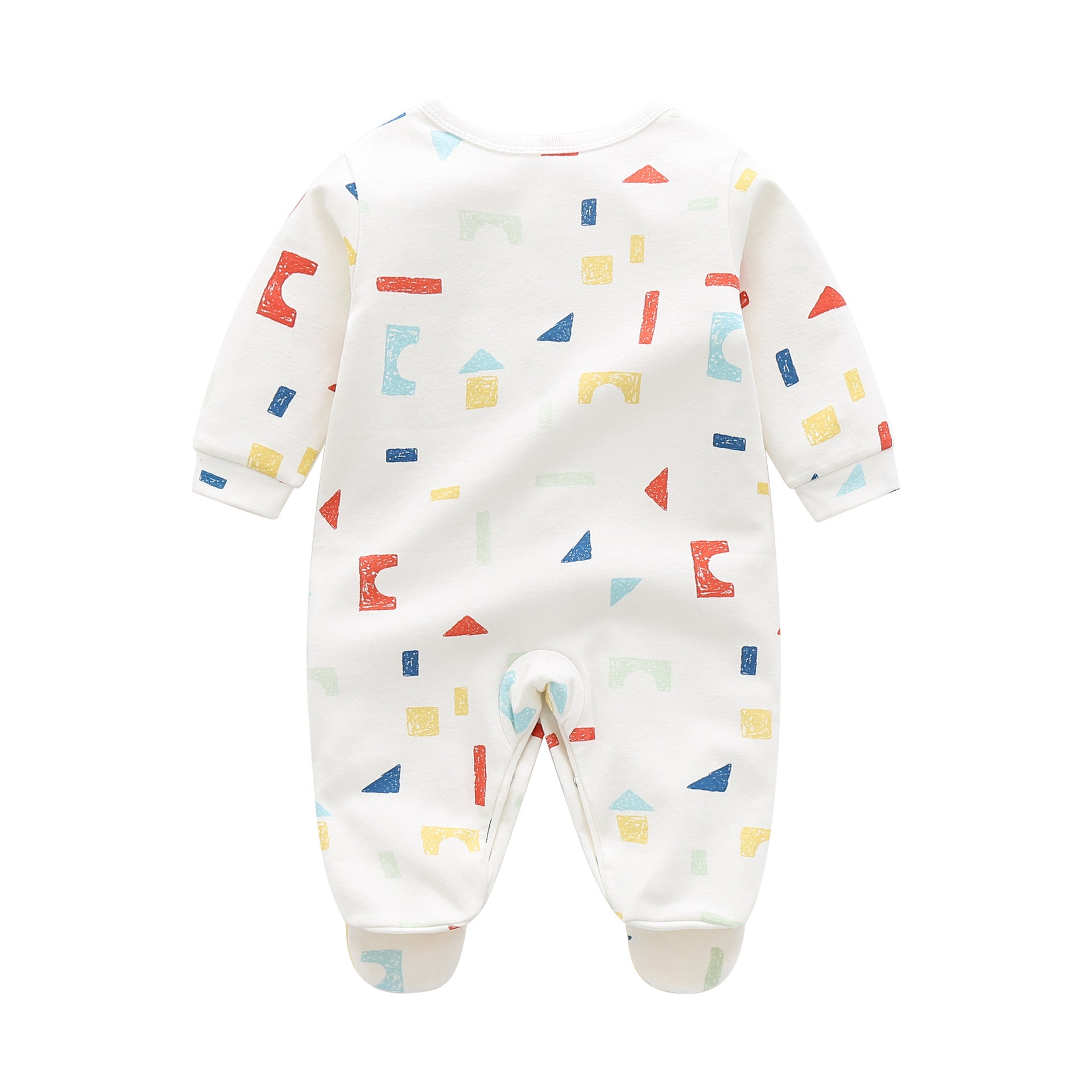 Baby boy and girl geometric print long-sleeved romper in white, featuring a single-breasted design and soft cotton material.