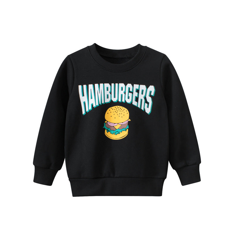 A stylish Baby Boy and Girl sweatshirt featuring a vibrant hamburger print pattern, made from high-quality cotton, perfect for kids.