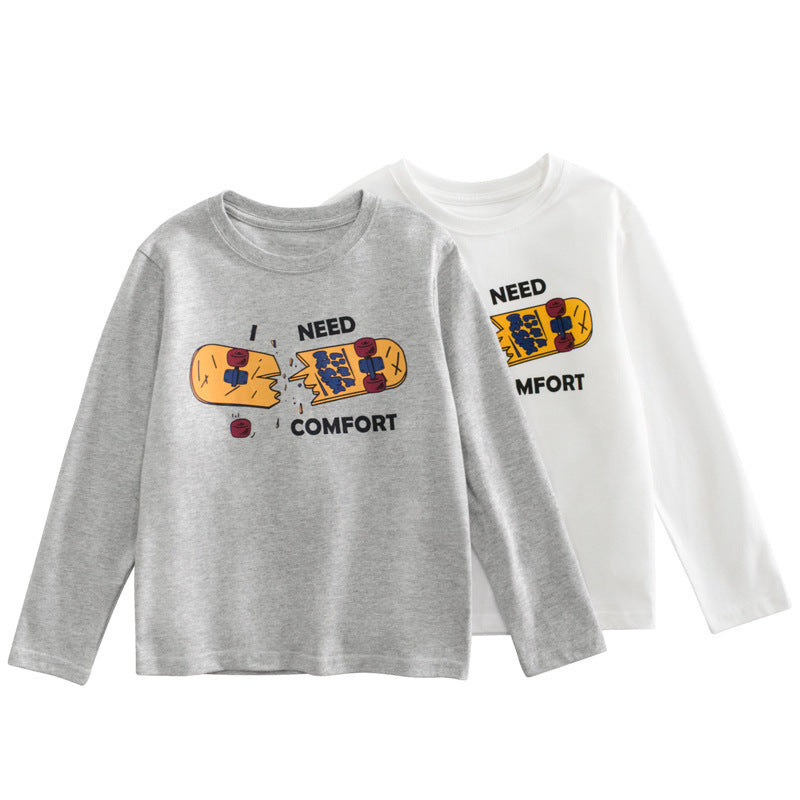 Baby boy and girl autumn tops featuring vibrant prints and soft cotton fabric, available in white and grey.