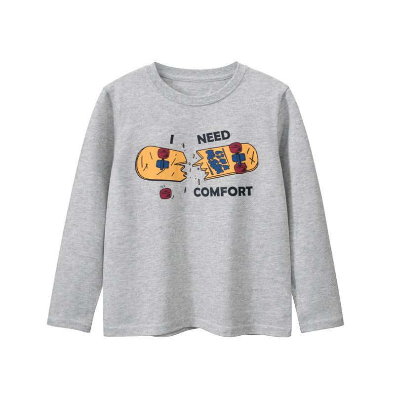 Baby boy and girl autumn tops featuring vibrant prints and soft cotton fabric, available in white and grey.