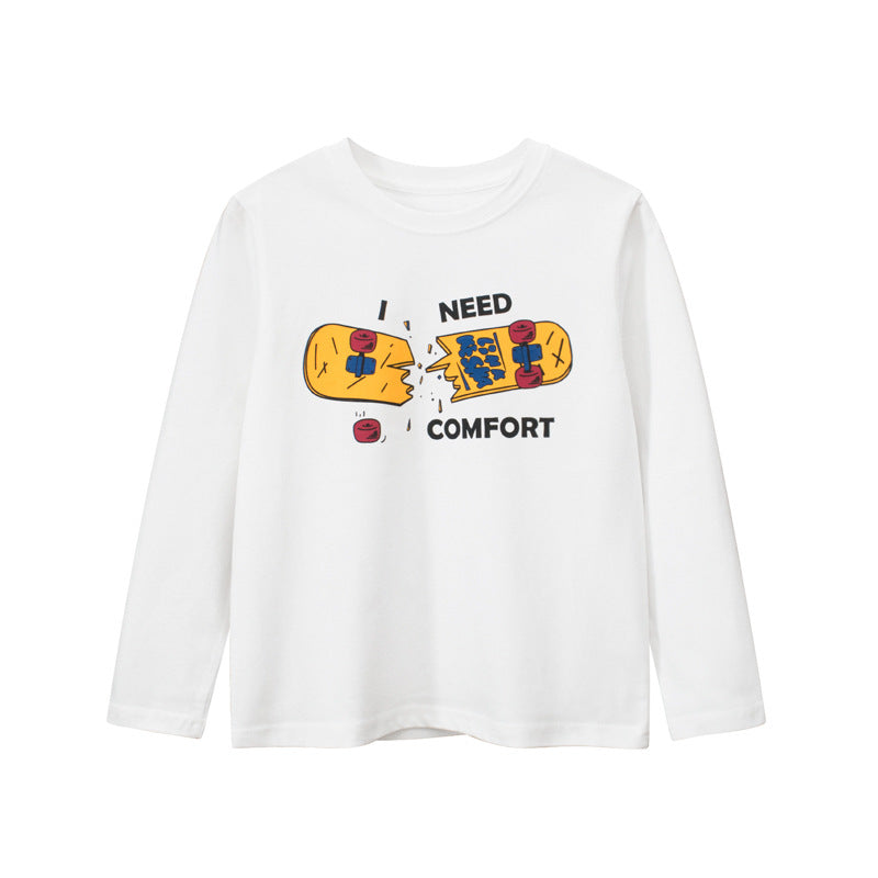 Baby boy and girl autumn tops featuring vibrant prints and soft cotton fabric, available in white and grey.