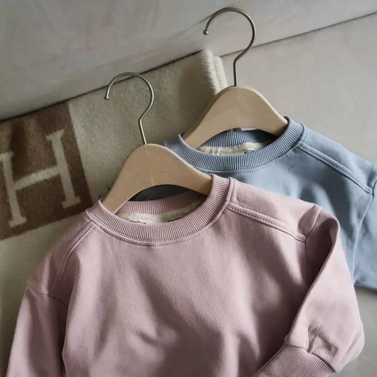 Baby boy and girl solid color pullover hoodies combo pants sets in pink, grey, and apricot, made from soft cotton for comfort.