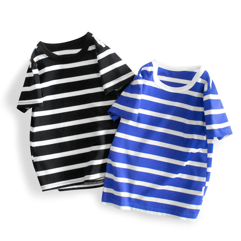 Baby Boy And Girl Striped Print T-Shirt in black and blue, showcasing vibrant colors and a stylish striped design, perfect for summer wear.