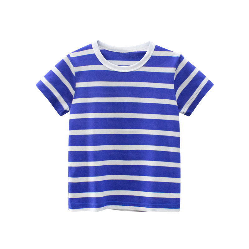 Baby Boy And Girl Striped Print T-Shirt in black and blue, showcasing vibrant colors and a stylish striped design, perfect for summer wear.