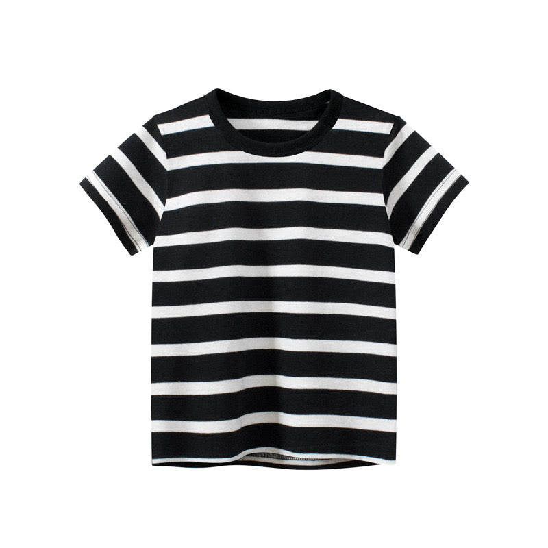 Baby Boy And Girl Striped Print T-Shirt in black and blue, showcasing vibrant colors and a stylish striped design, perfect for summer wear.