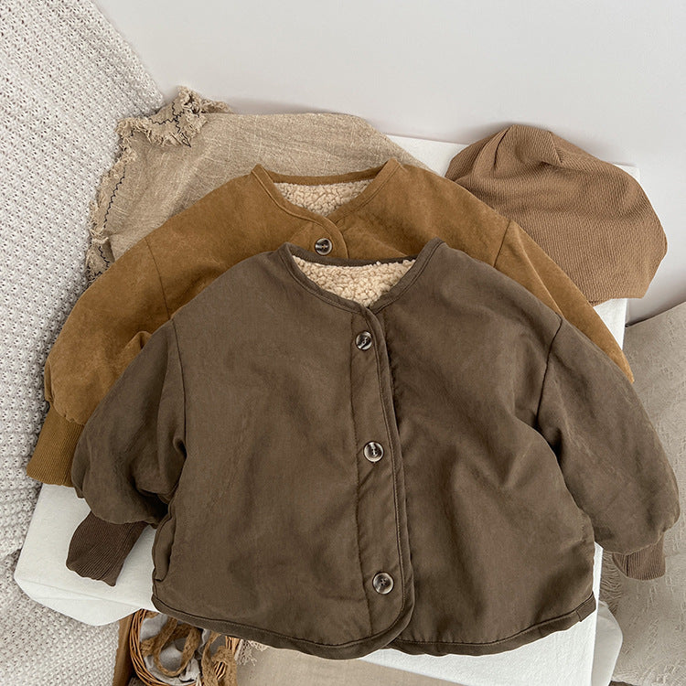 A vintage style lambswool padded jacket for babies, featuring a thickened design in brown and coffee colors, suitable for both boys and girls.