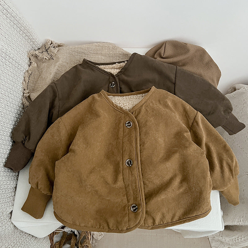 A vintage style lambswool padded jacket for babies, featuring a thickened design in brown and coffee colors, suitable for both boys and girls.