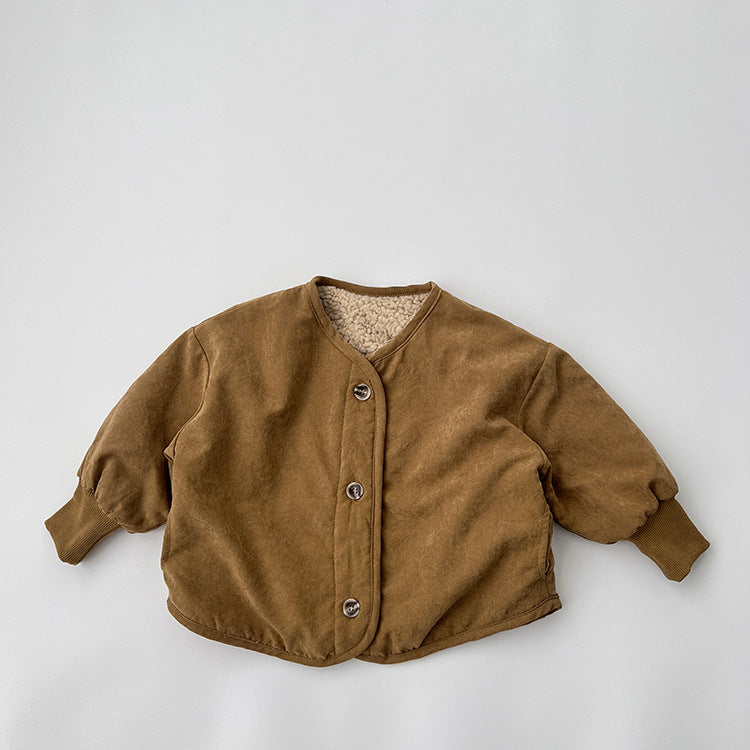 A vintage style lambswool padded jacket for babies, featuring a thickened design in brown and coffee colors, suitable for both boys and girls.