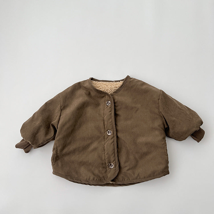 A vintage style lambswool padded jacket for babies, featuring a thickened design in brown and coffee colors, suitable for both boys and girls.