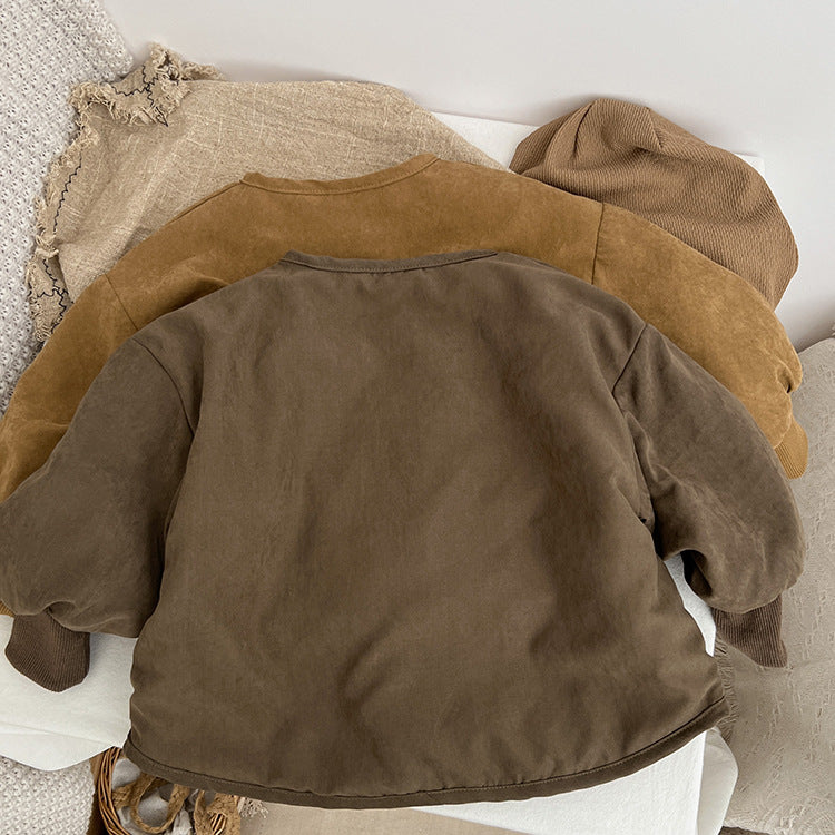 A vintage style lambswool padded jacket for babies, featuring a thickened design in brown and coffee colors, suitable for both boys and girls.