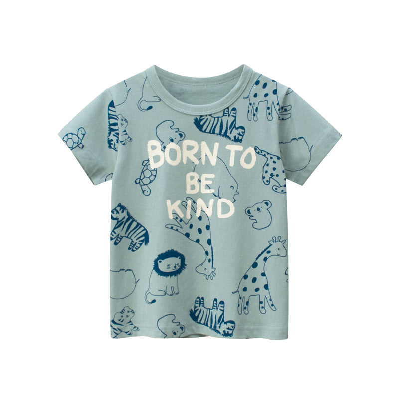 Baby Boy Animal Print O-Neck Short-Sleeved T-Shirt in green with cute animal designs, perfect for summer wear.