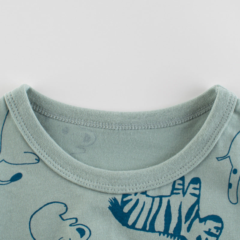 Baby Boy Animal Print O-Neck Short-Sleeved T-Shirt in green with cute animal designs, perfect for summer wear.