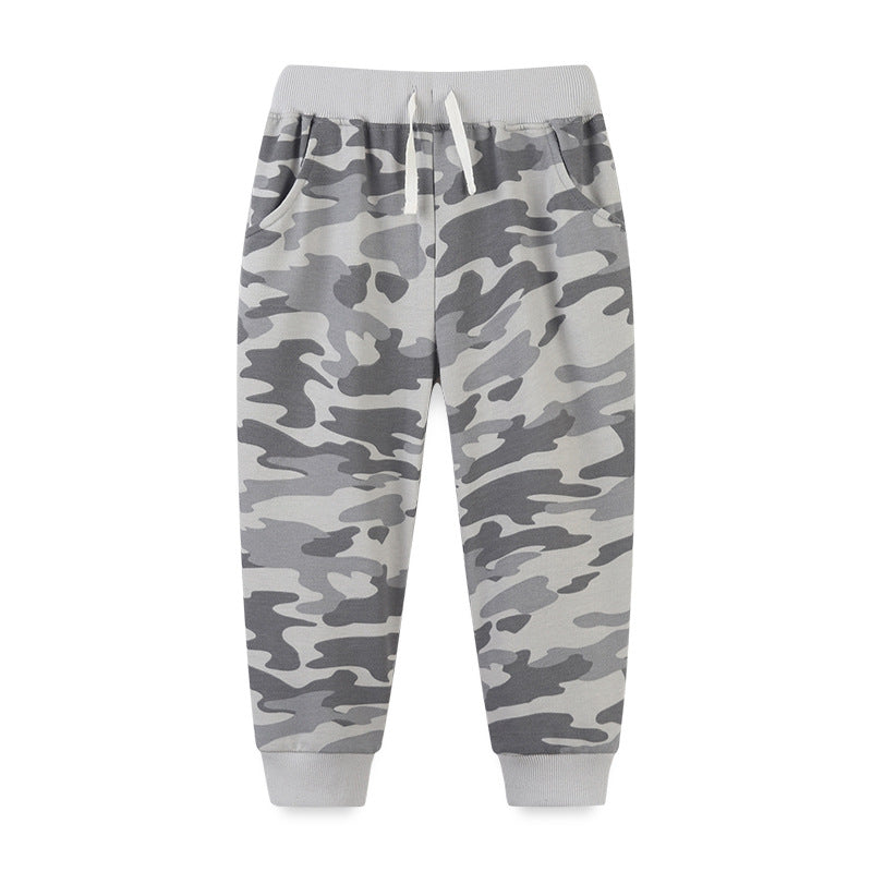 Baby boy camouflage pattern loose casual pants in black, green, and grey colors, made from soft cotton for comfort.