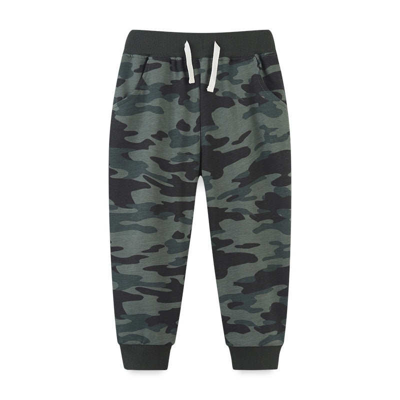 Baby boy camouflage pattern loose casual pants in black, green, and grey colors, made from soft cotton for comfort.