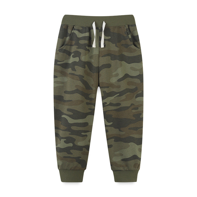 Baby boy camouflage pattern loose casual pants in black, green, and grey colors, made from soft cotton for comfort.