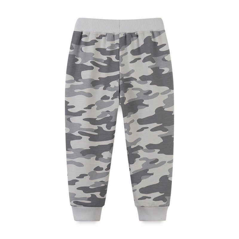 Baby boy camouflage pattern loose casual pants in black, green, and grey colors, made from soft cotton for comfort.