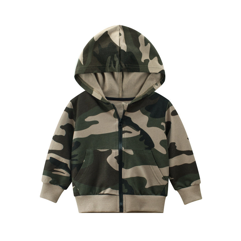 Baby boy wearing a camouflage pattern zipper front coat with a matching hat, showcasing a stylish and warm outfit.