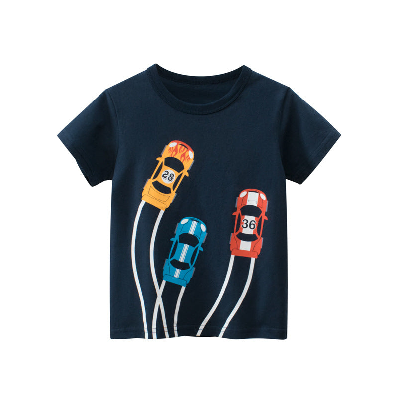 Baby boy wearing a cool cartoon car print short-sleeved top in black, perfect for summer outings.