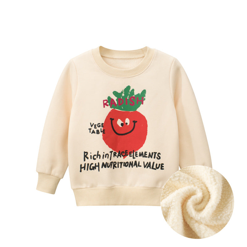 Baby boy wearing a beige cartoon carrot hoodie with letter patterns, showcasing a playful and stylish design.