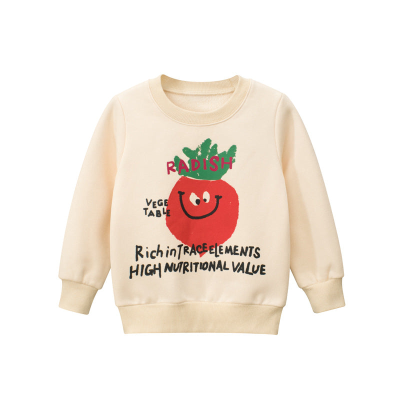 Baby boy wearing a beige cartoon carrot hoodie with letter patterns, showcasing a playful and stylish design.