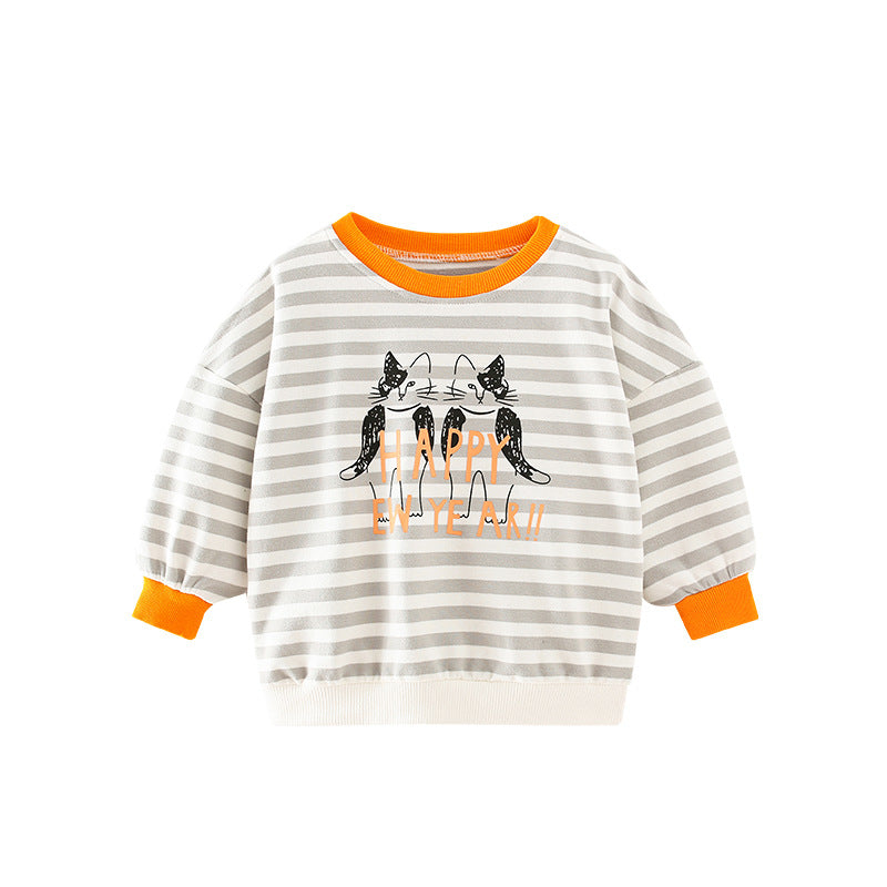 Baby boy wearing a cartoon cat hoodie with striped pattern, showcasing a playful and stylish design.