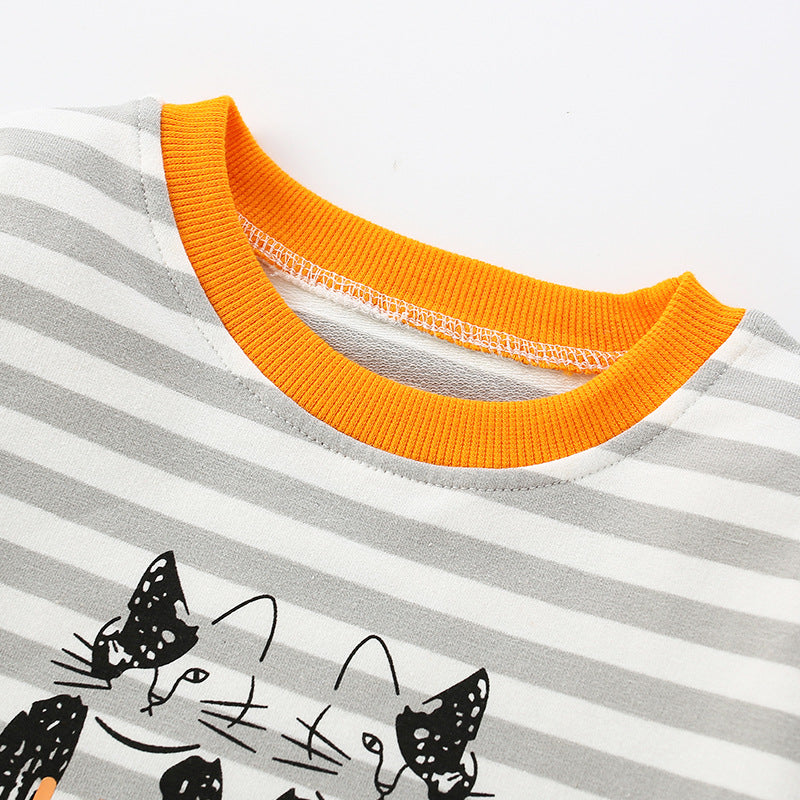 Baby boy wearing a cartoon cat hoodie with striped pattern, showcasing a playful and stylish design.