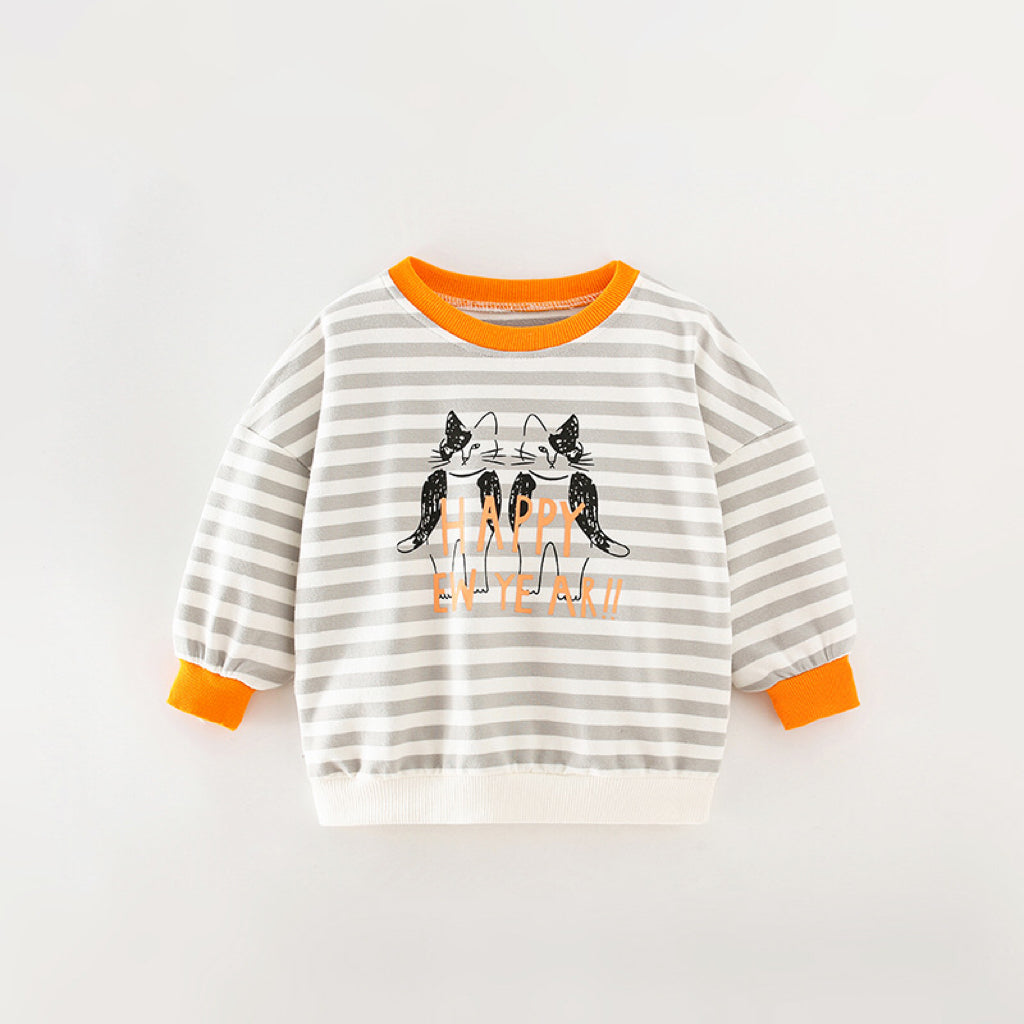 Baby boy wearing a cartoon cat hoodie with striped pattern, showcasing a playful and stylish design.