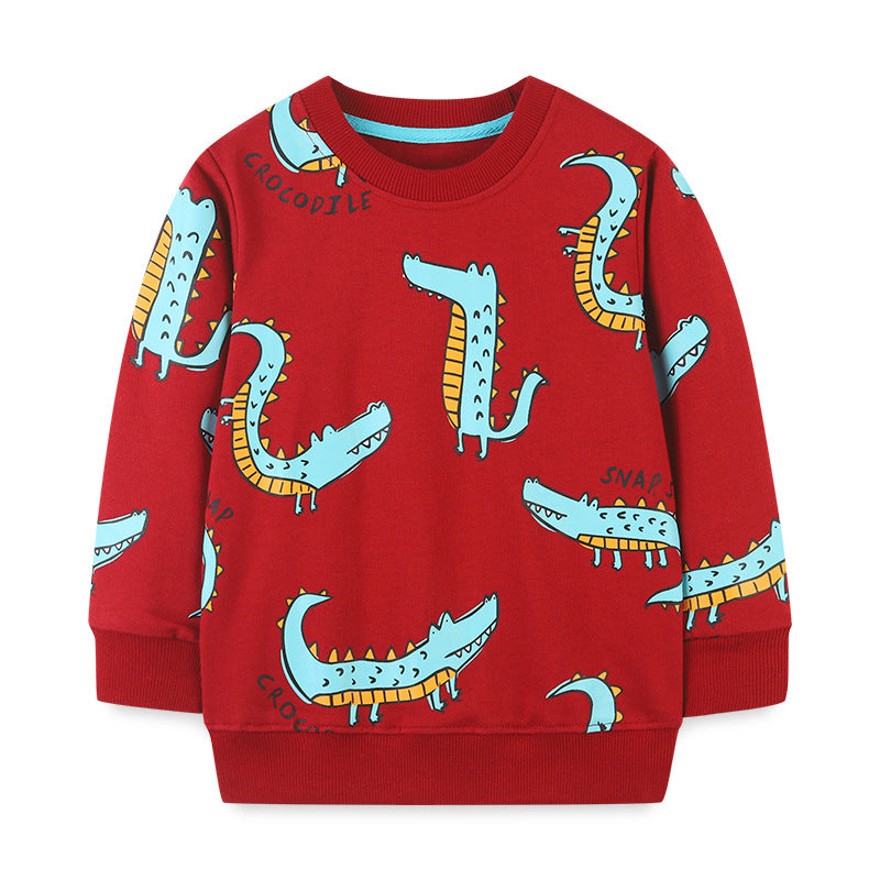 A vibrant red hoodie for baby boys featuring a playful cartoon dinosaur pattern, made from soft cotton for comfort and warmth.