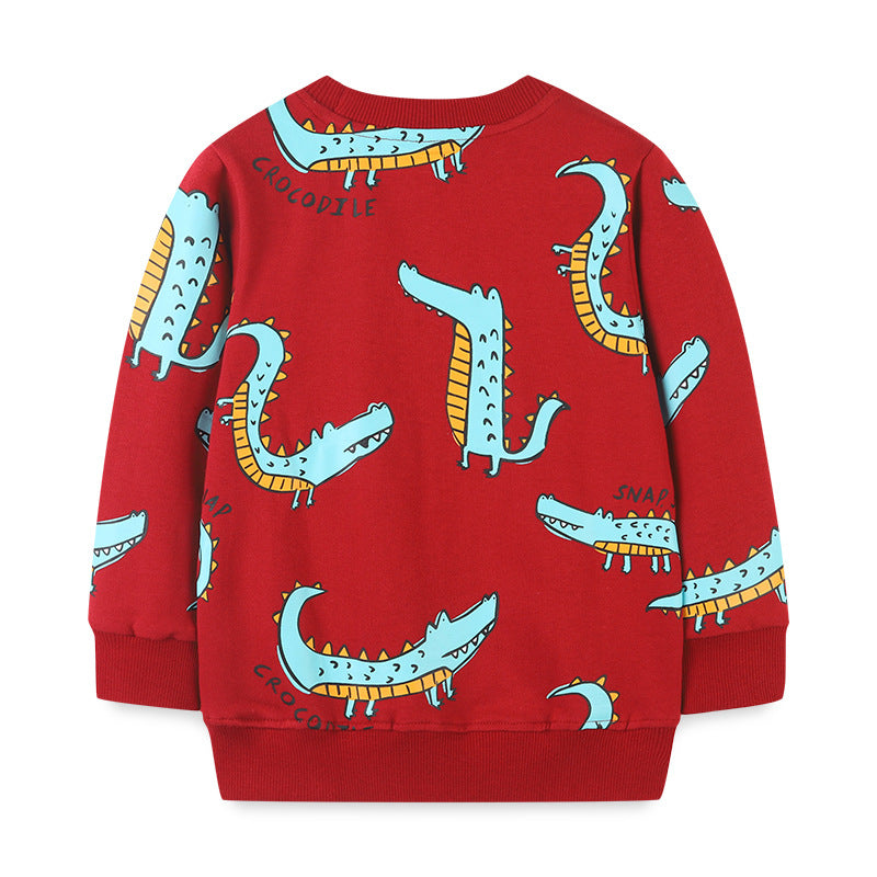 A vibrant red hoodie for baby boys featuring a playful cartoon dinosaur pattern, made from soft cotton for comfort and warmth.