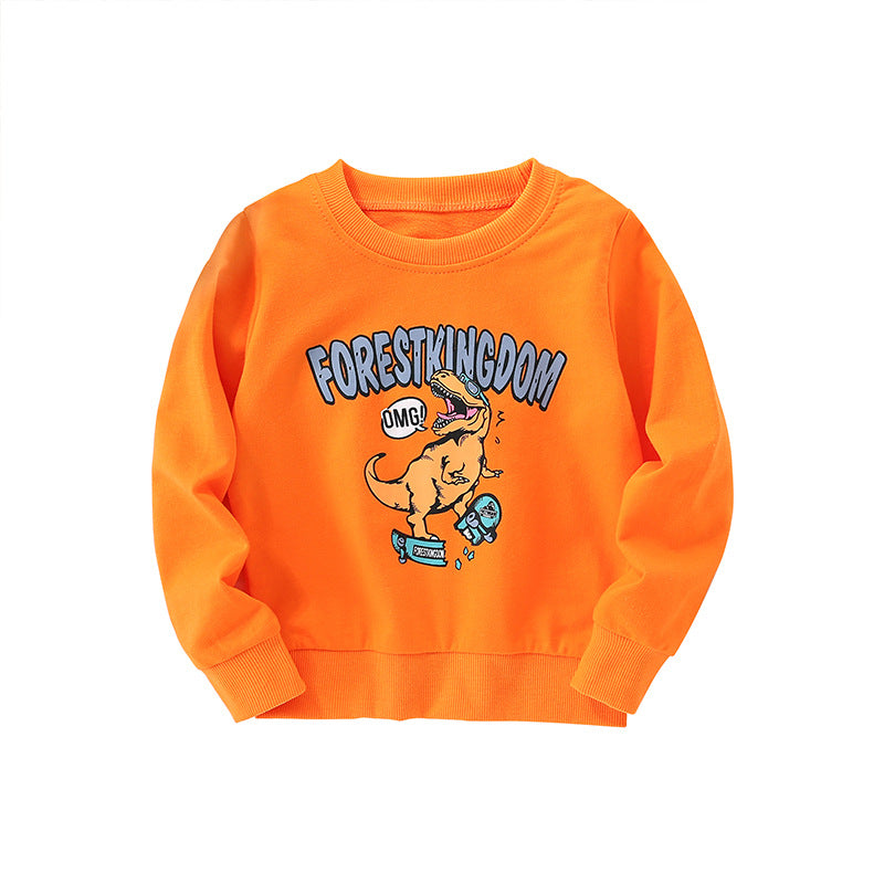 A vibrant orange long sleeve hoodie for baby boys featuring a playful cartoon dinosaur print, made from soft cotton material.